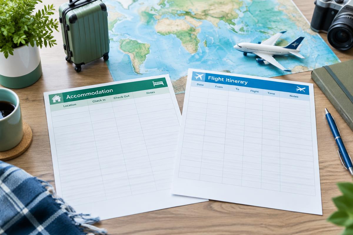 Flight and accommodation planning sheets on a world map