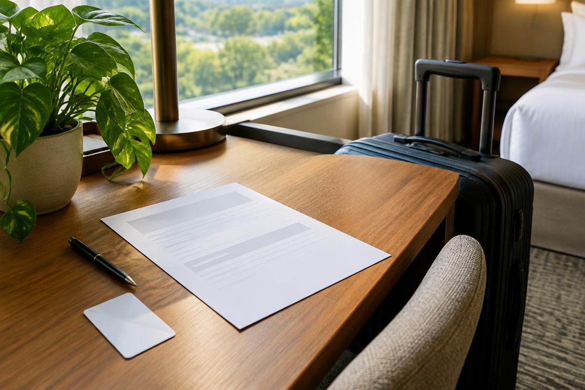 Hotel room desk with a blank confirmation page and suitcase