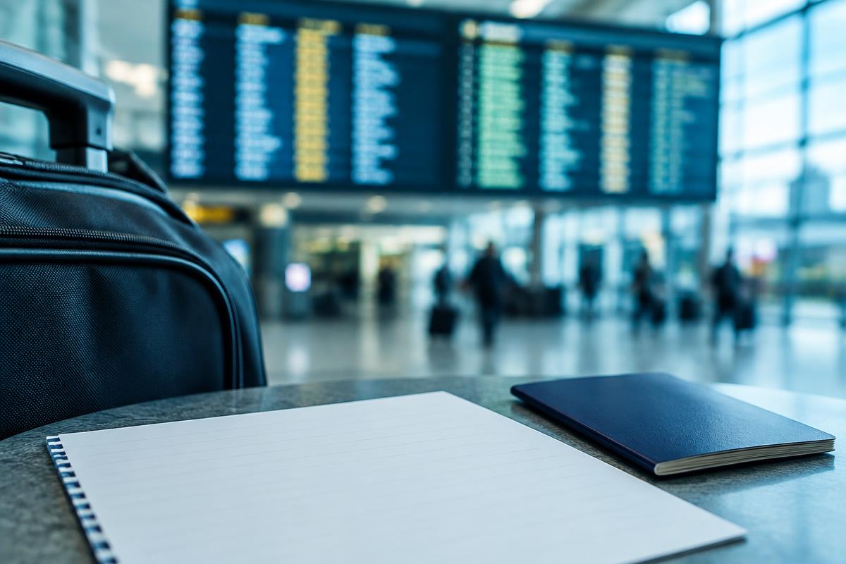 Blank travel planning sheet at an airport with a departure board behind it