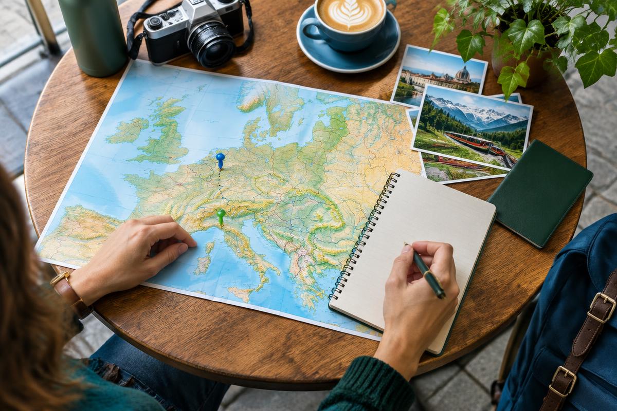 Traveller planning a multi-country European journey on a map