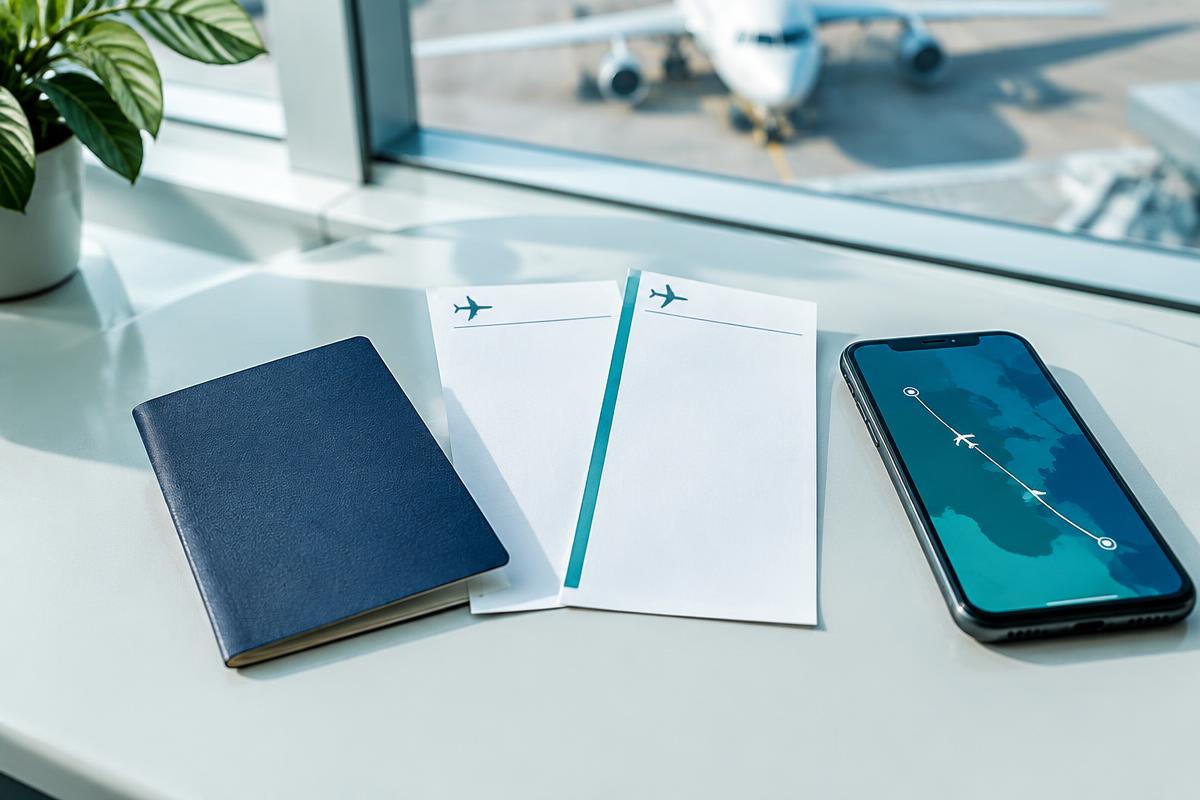 Two blank flight planning papers beside a passport and route map