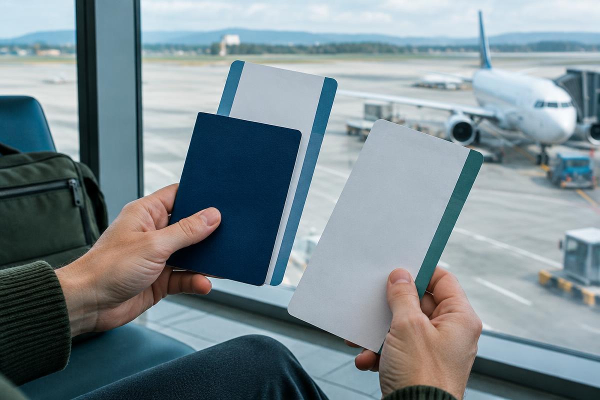 Traveller comparing blank travel papers in an airport lounge