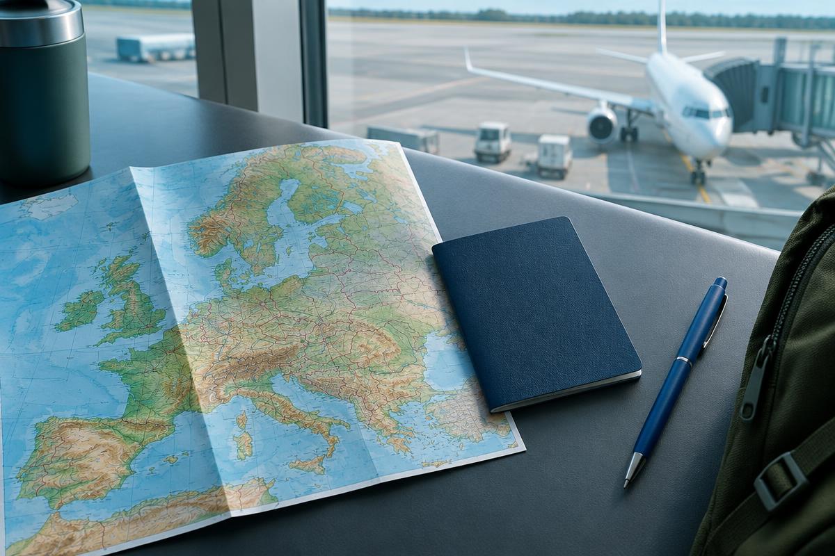 Map of Europe and travel documents beside an airport window